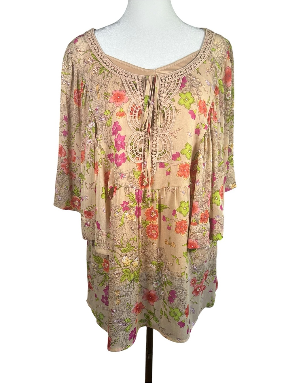 70s Boho Fairycore Crochet Lace Floral Kimono Tunic Top Blouse Black Rain PXL